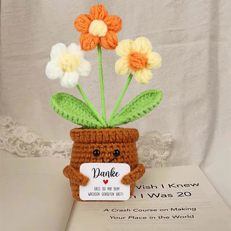 Crochet Flower Artificial Tulip Potted Finished Hand Woven Plants Knitted Sunflower Wedding Gift for Guests Home Decoration