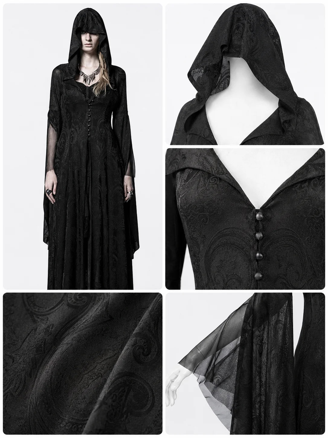 Women Gothic Witch Hooded Maxi Dress Bell Long Sleeve Jacquard Mesh V‑Neck Button Front Floor‑Length Gown Halloween Cosplay Costume for Party Carnival