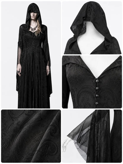 Women Gothic Witch Hooded Maxi Dress Bell Long Sleeve Jacquard Mesh V‑Neck Button Front Floor‑Length Gown Halloween Cosplay Costume for Party Carnival
