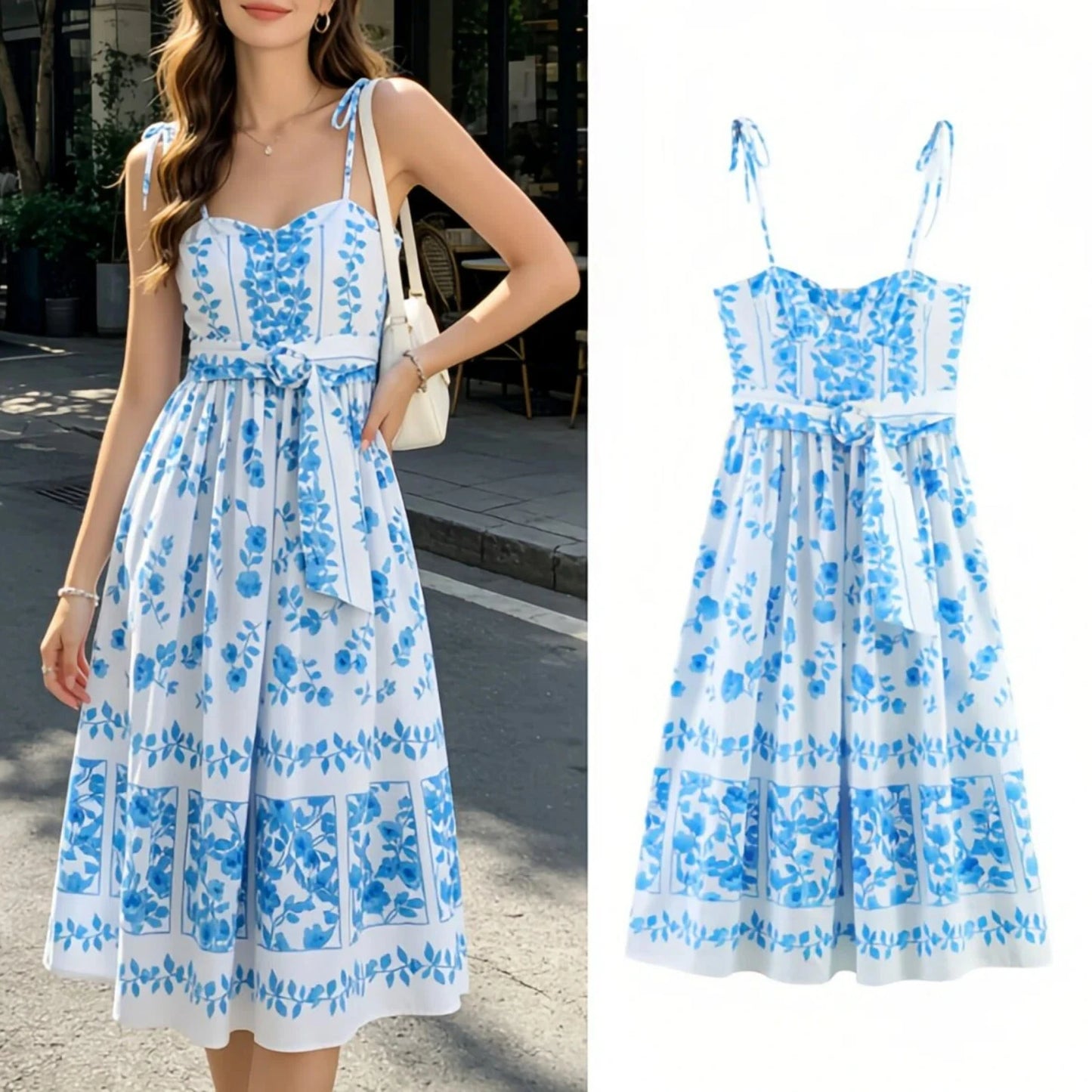 Women Blue Print Cami Dress 2026 Summer Sexy Sashes Bow Midi Dress Beach Holiday Long Fashion Female Vestidos