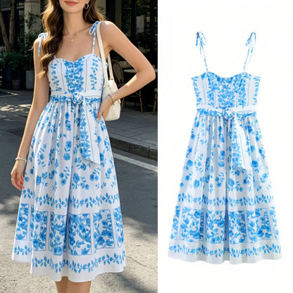 Women Blue Print Cami Dress 2026 Summer Sexy Sashes Bow Midi Dress Beach Holiday Long Fashion Female Vestidos
