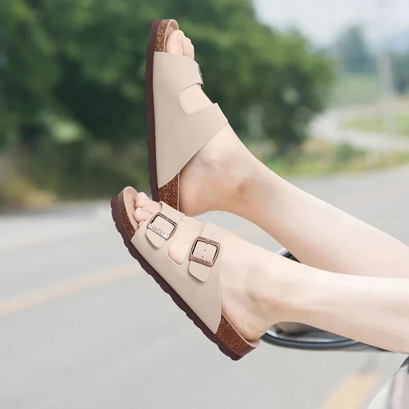 Crestar Classic Women's Cork Slippers – Double Buckle Leather Beach Sandal Clogs