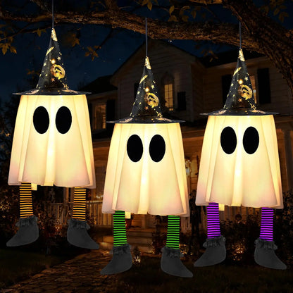 23.6'' 3Pcs Halloween Hanging Ghosts Decorations Outdoor, Warm Light Up Ghosts with Witch Hat & Timer, Flying Halloween Decorations for Yard Porch Lawn Party Supplies Tree Decor