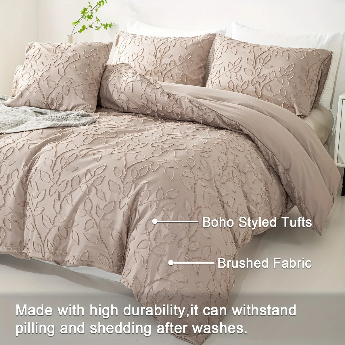 Tufted Leaf Duvet Cover Set, 3-Piece, Bohemian Cream