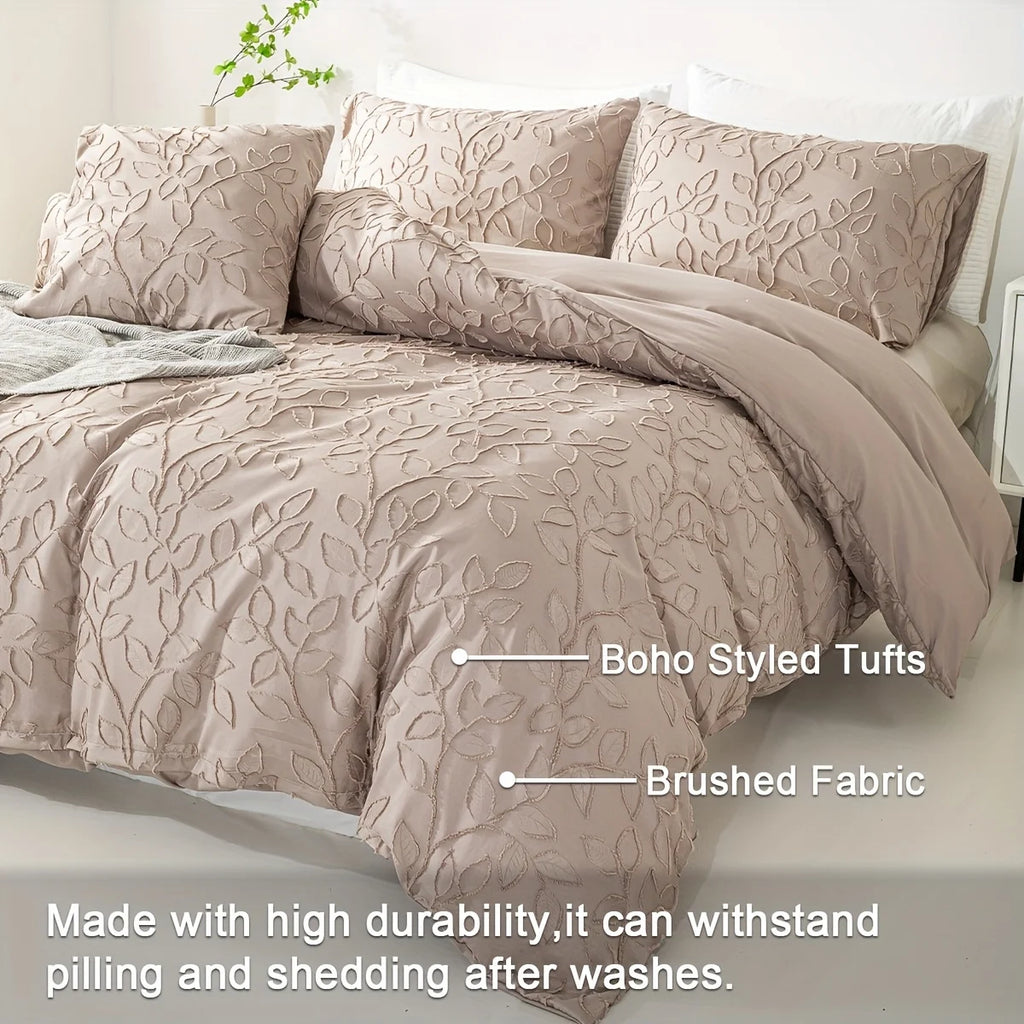 Tufted Leaf Duvet Cover Set, 3-Piece, Bohemian Cream