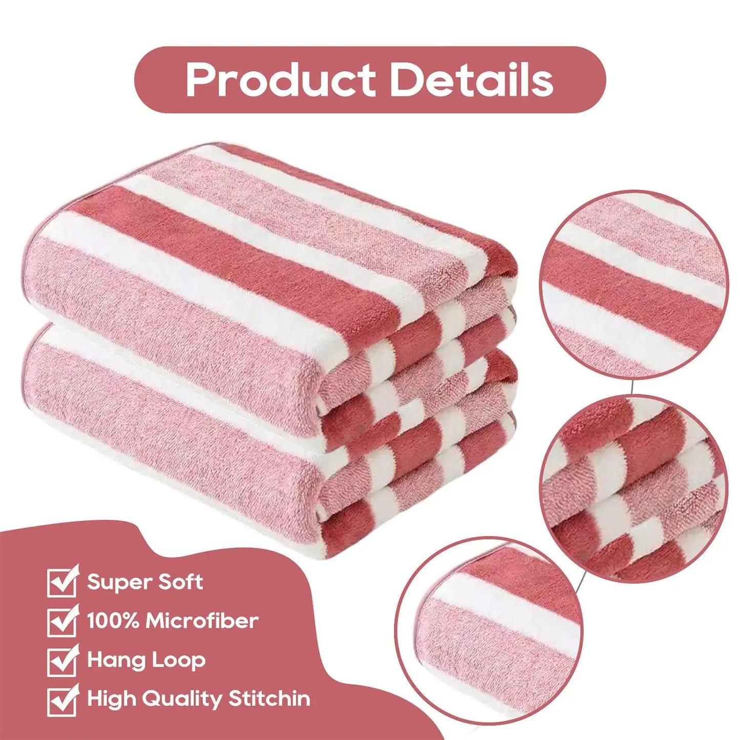 Oversized Striped Coral Fleece Bath Towel Ultra Soft Thickened Shower - Beach Towel