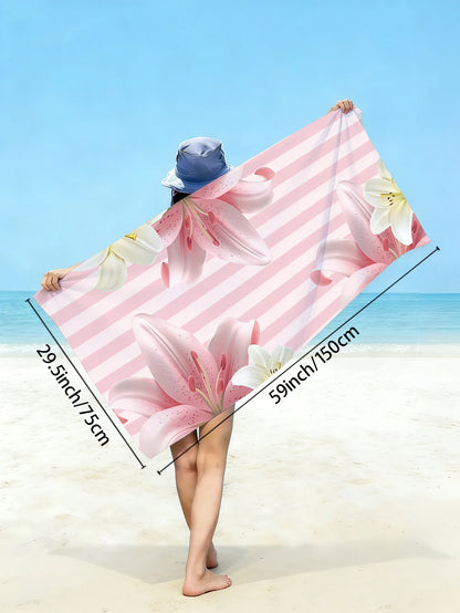 1pc pink striped beach towel, large floral printed beach towel, ultra-fine
