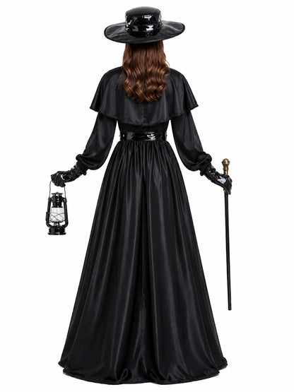 Women Plague Doctor Costume Set Medieval Gothic Long Dress with Cape Belt Hat Gloves Bird Beak Mask Steampunk Halloween Cosplay Outfit for Carnival Party