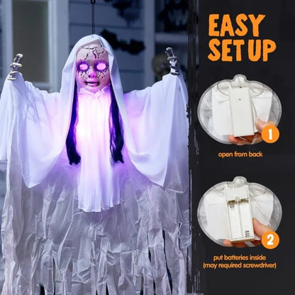 43" Outdoor Halloween Decoration, Scary Girl Hanging Ghost Decor Sound Activated with Light-up Head for Yard, Patio, Haunted House Lawn Garden,Halloween voice control glowing sound standing swaying ghost