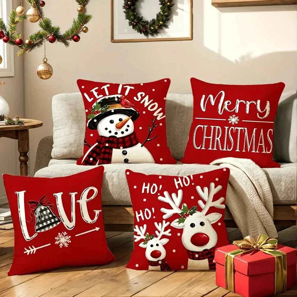Red Christmas Pillow Cover 45x45cm with Snowman Deer Pattern，Holiday Cushion Case for Living Room Sofa Bedroom