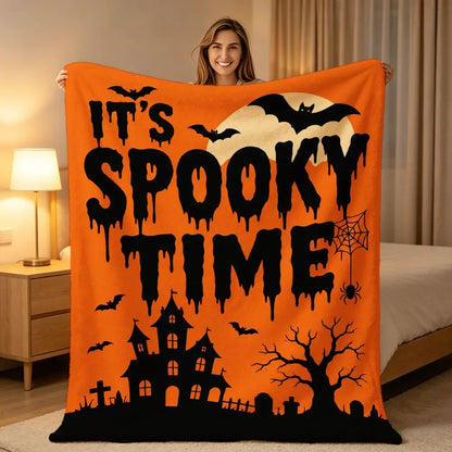 Halloween Fleece Throw Blanket Soft Cozy Large Orange Black Spooky Graphics IT's SPOOKY TIME Bats Full Moon Haunted Mansion Tree Spiderweb Graveyard for Sofa Couch Decor