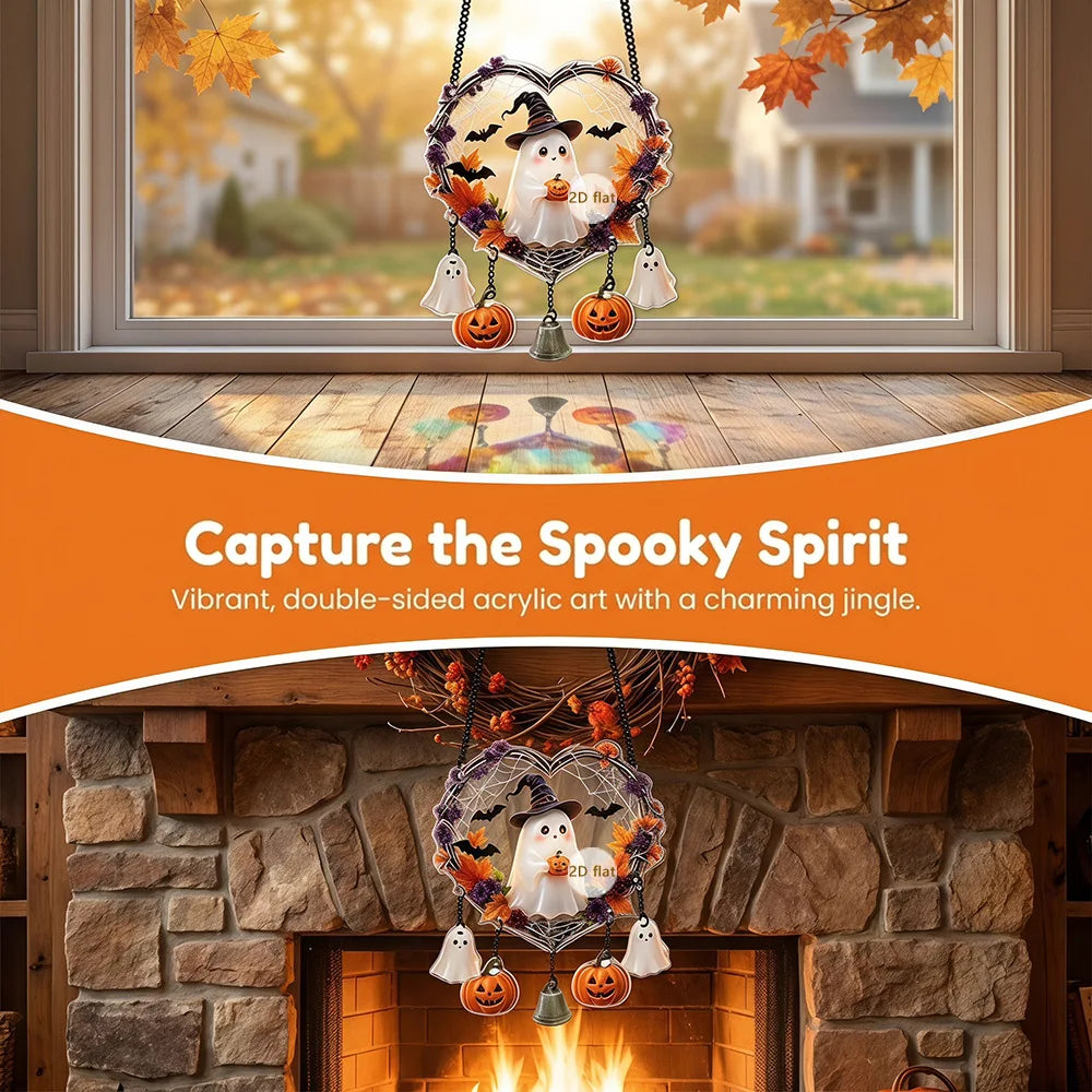 Halloween Heart Wreath Acrylic Hanging Decor, 2D Ghost Owl Ornament, Cute Spooky Halloween Wall Door Hanging Sign, Festive Gothic Home Decoration