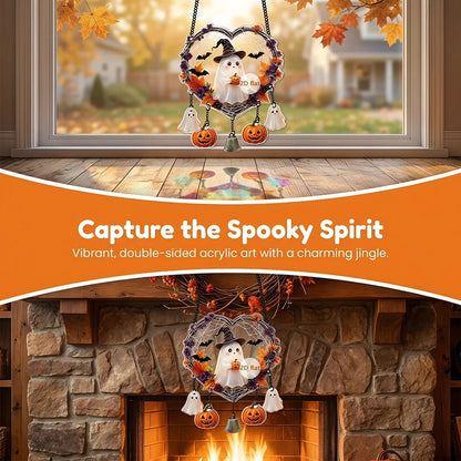 Halloween Heart Wreath Acrylic Hanging Decor, 2D Ghost Owl Ornament, Cute Spooky Halloween Wall Door Hanging Sign, Festive Gothic Home Decoration