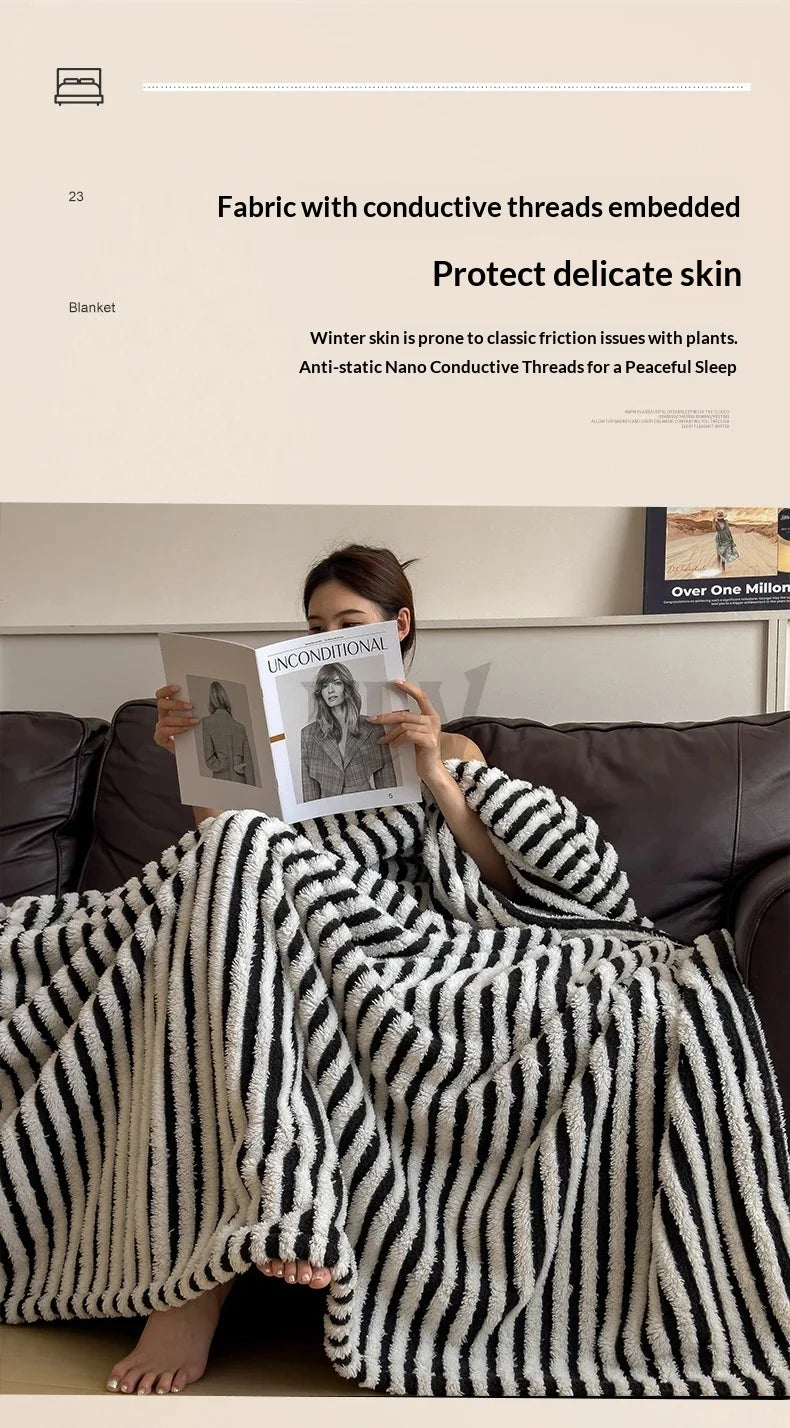 Imitation Rabbit Plush Striped Blanket Fluffy Soft Fleece Throw Blanket for Sofa Single Double Spring Autumn Warm Bed Blankets