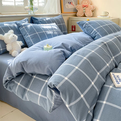 3/4 Pcs Blue Checkered Bedding Set Simple Style Soft Skin Friendly Duvet Cover Flat Sheet and Pillowcases Single Double Bed Sets