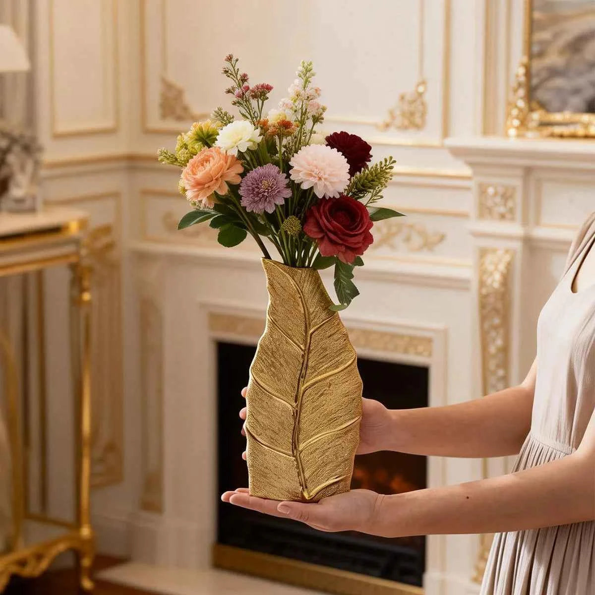 Golden Leaf Vase European-style Home Decor Ceramic Vase Living Room Entrance Hall Craft Decorative Ornament Flower Holder