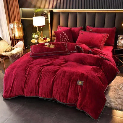 High-end Milk Velvet Autumn Winter Warm Duvet Cover Set with Bed Sheet Quilt Cover and Pillowcases Warmth Cozy Bedding Set Queen