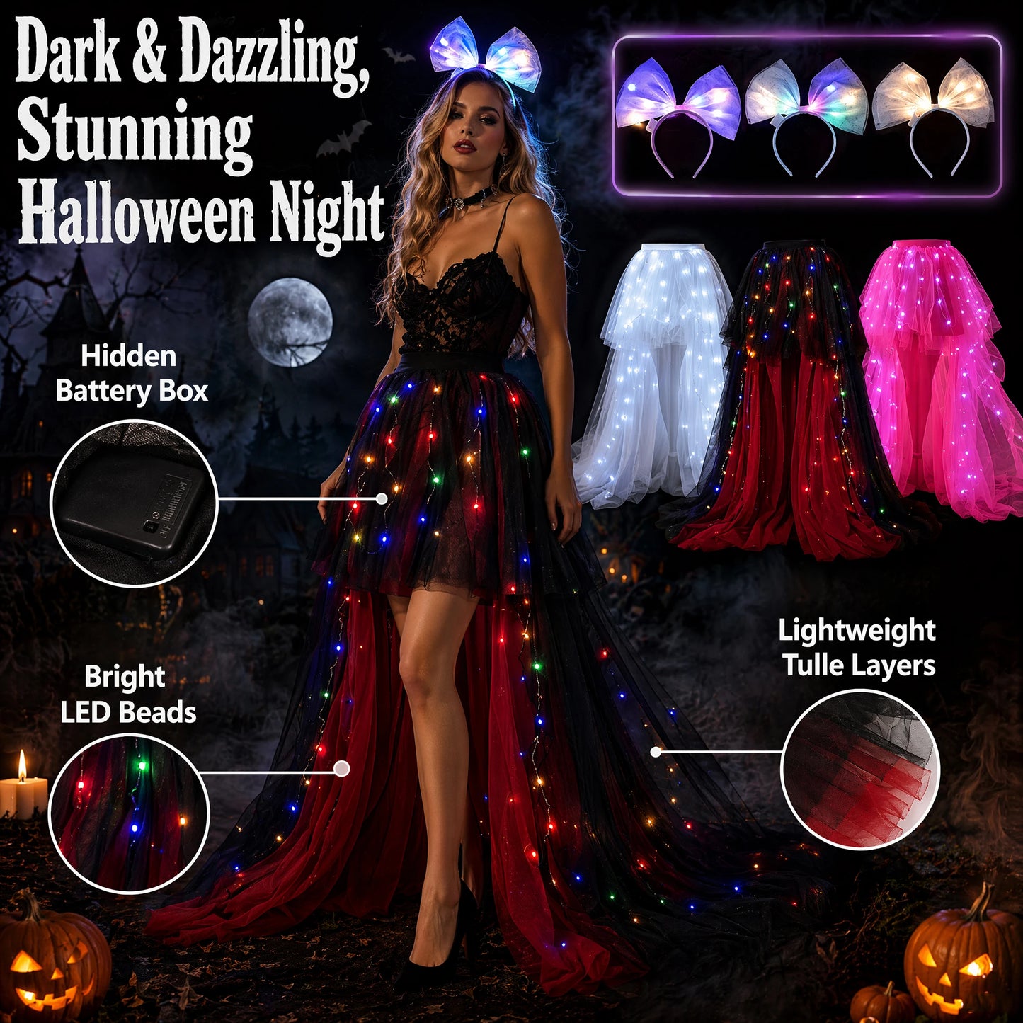 LED Light Up High Low Tulle Tutu Skirt Women Front Short Back Long Irregular Flowy Puffy Half Skirt for Halloween Carnival Night Club Party