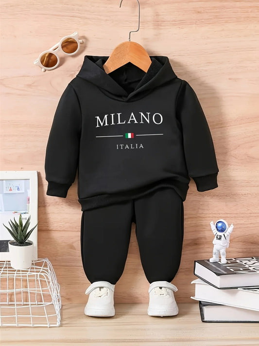 Letter Pattern Fleece Hooded Sweatshirt Set
