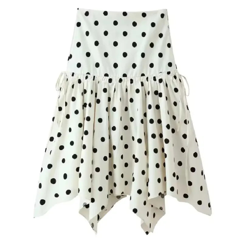 Women's Classic Polka Dot Midi Skirt – High Street Irregular Print Casual Skirt in White & Black