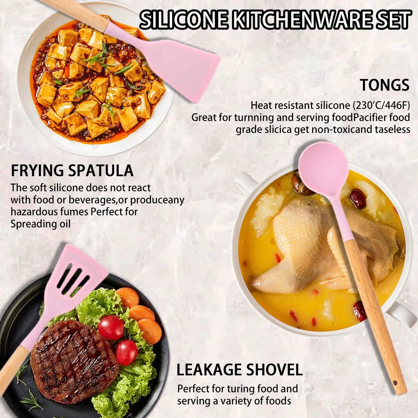 14-Piece Pink Silicone Kitchen Utensils Set with Wooden Handle, Cutting Board and Holder Rack