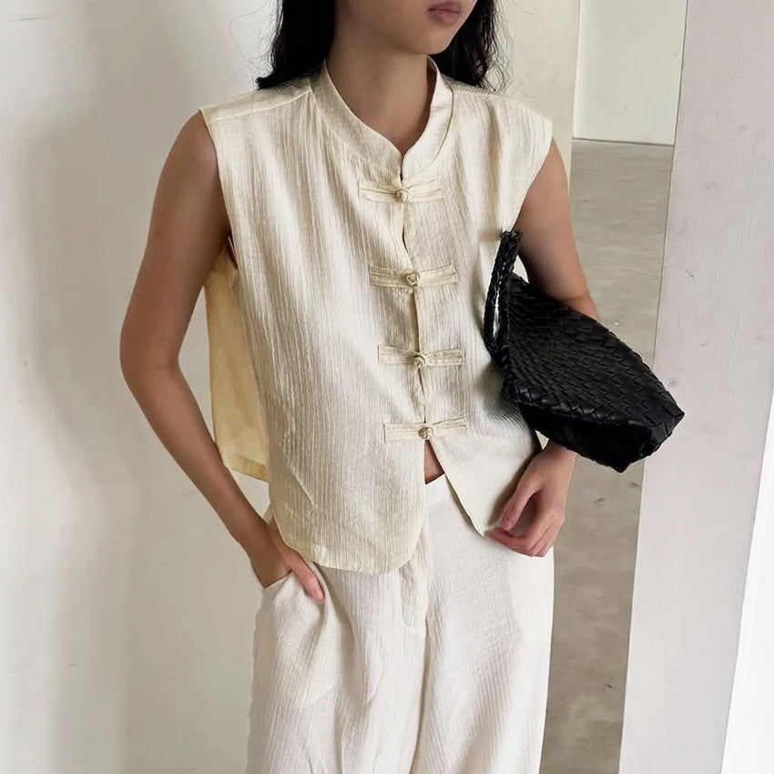 Linad Women's Vintage Chinese Knot Stand Collar Vest — Sleeveless Casual Tank Top