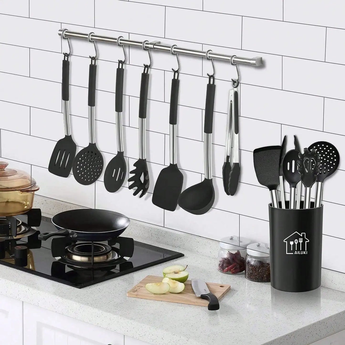 26-Piece Silicone Cooking Utensil Set with Stainless Steel Handles, Holder and Grater