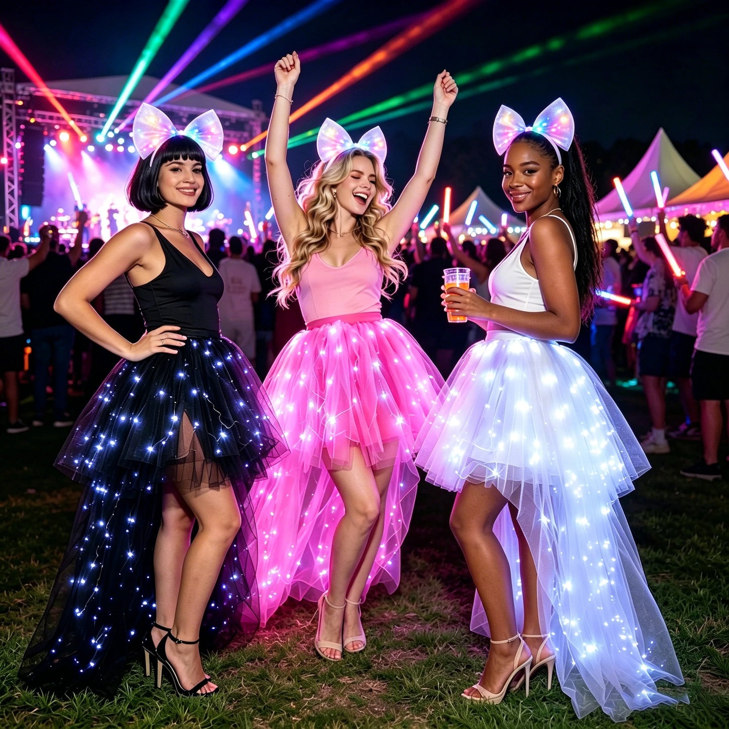LED Light Up High Low Tulle Tutu Skirt Women Front Short Back Long Irregular Flowy Puffy Half Skirt for Halloween Carnival Night Club Party