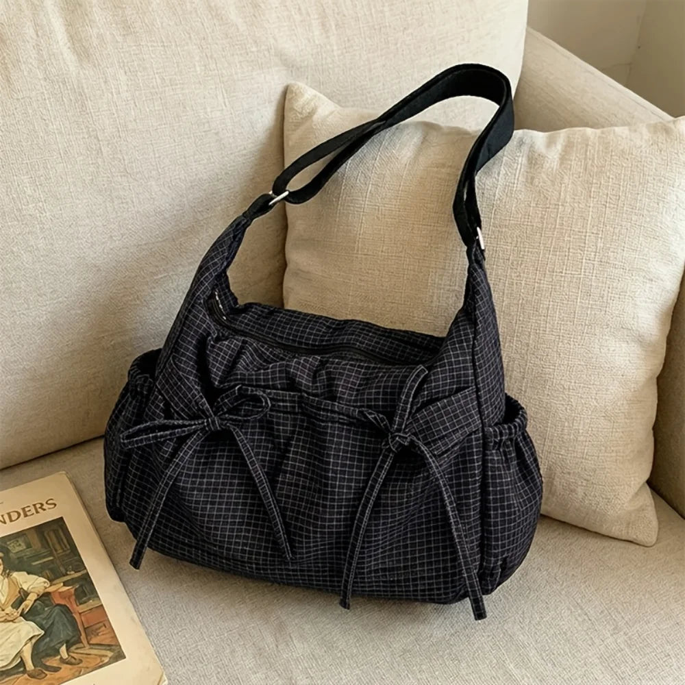 Vintage Plaid Shoulder Bag with Cute Bow Decor