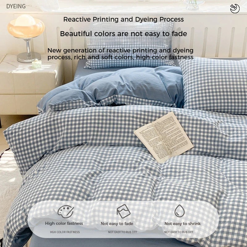 3/4 Pcs Blue Checkered Bedding Set Simple Style Soft Skin Friendly Duvet Cover Flat Sheet and Pillowcases Single Double Bed Sets