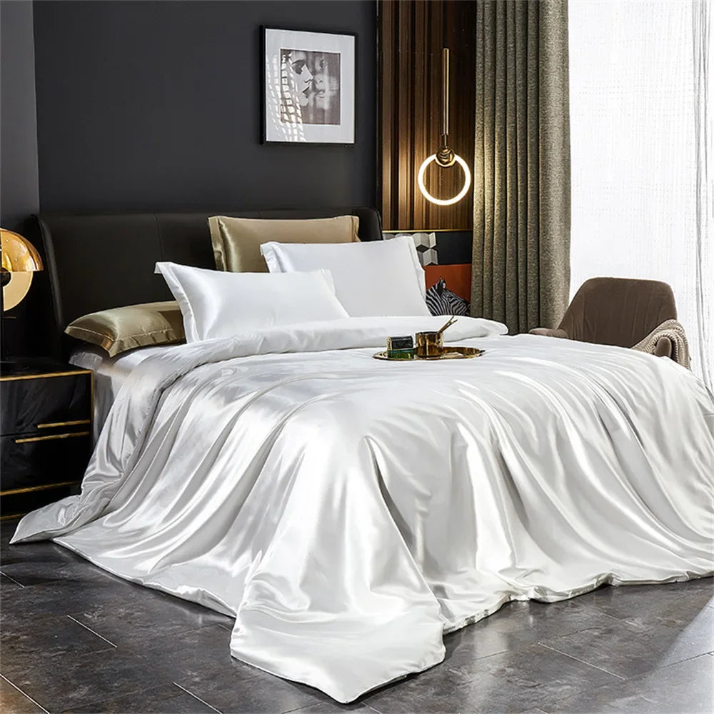 Luxury Solid Silk Satin Bedding Set – Duvet Cover, Bed Sheet & Pillowcases | Twin to King & Family Suite