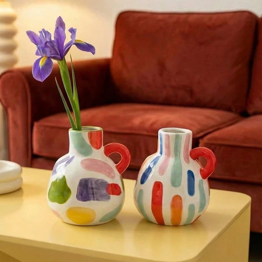 Vase en céramique géométrique moderne — Décoration d'intérieur luxueuse aux couleurs dopamine pour compositions florales