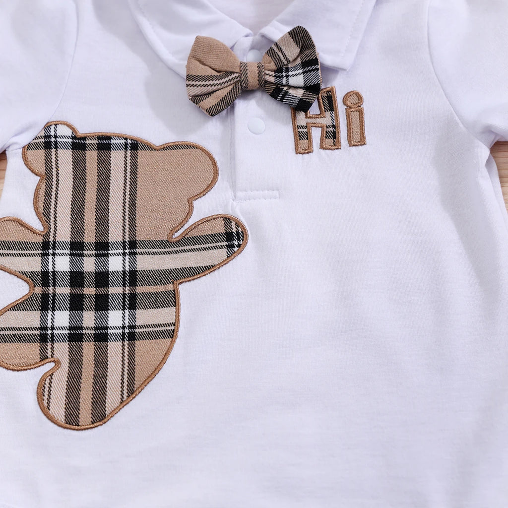 Plaid Bear Print Bodysuit & Suspender Trousers Set