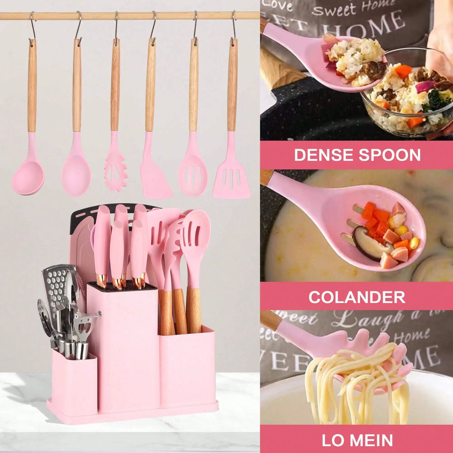 14-Piece Pink Silicone Kitchen Utensils Set with Wooden Handle, Cutting Board and Holder Rack