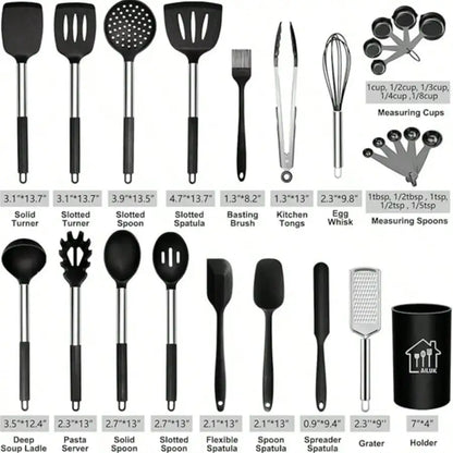 26-Piece Silicone Cooking Utensil Set with Stainless Steel Handles, Holder and Grater