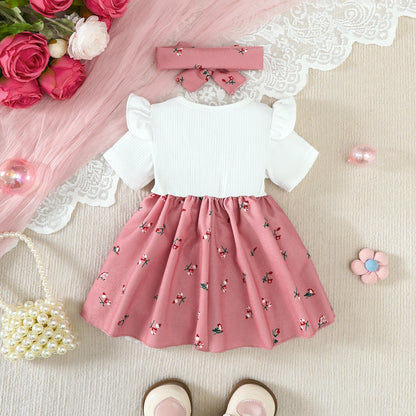 2Pcs/Set Baby girl Dress Small Floral Large bow Summer,Dress+Headband Set suitable for 0-24 Months Baby girls Fashionable Dress