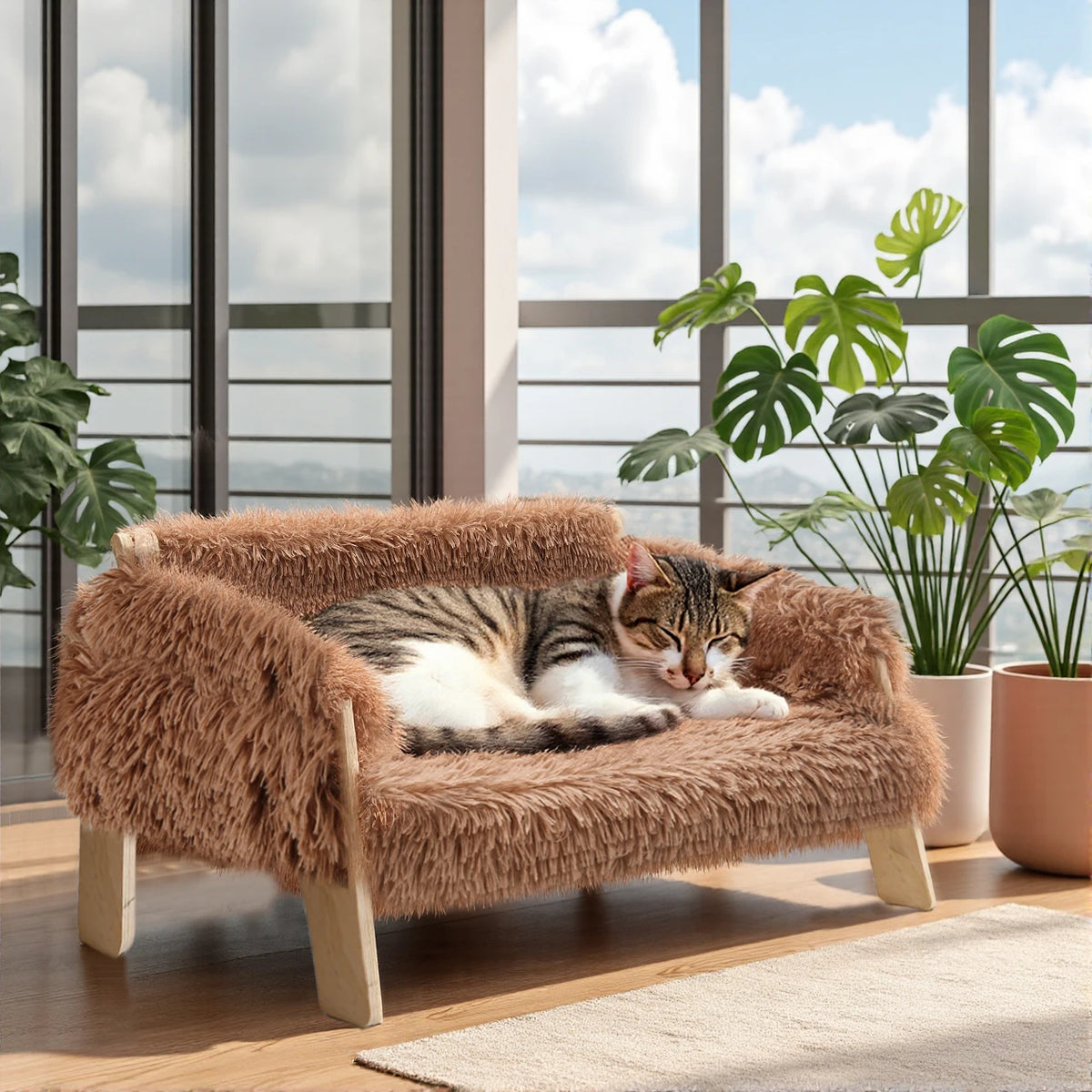 Large Cat Sofa Bed, Raised Design with Wooden Legs