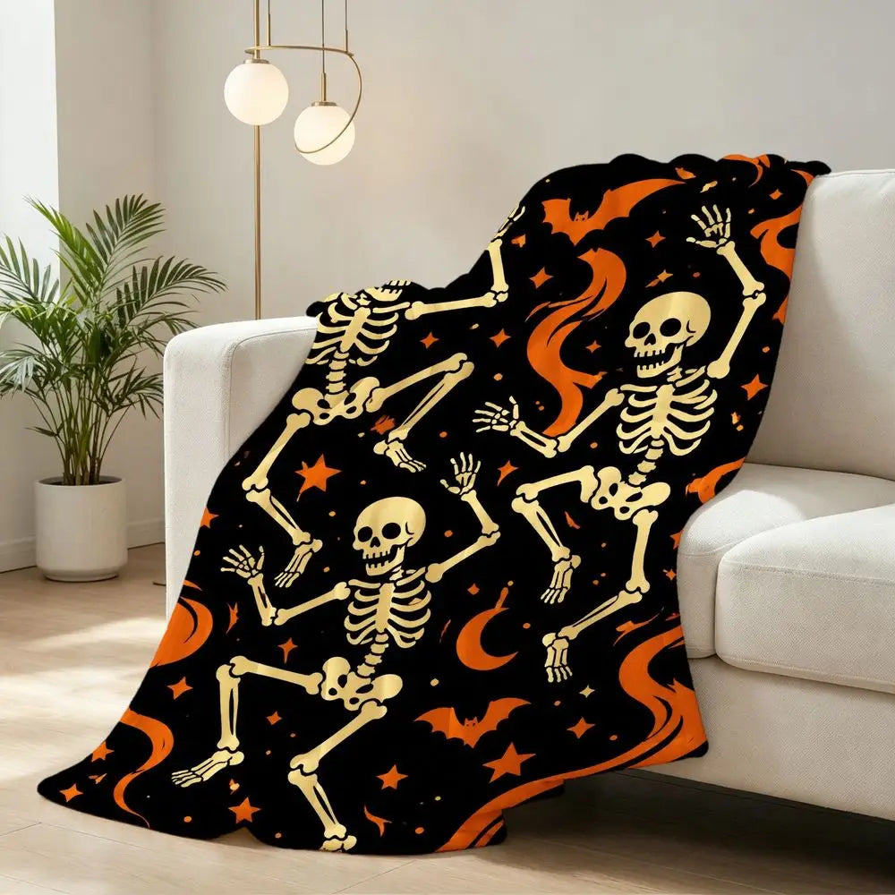 Halloween Skeleton Dancing Decorative Throw Blanket Soft Cozy Flannel Large Festive Blanket for Sofa Bed Couch Travel Camping Living Room Warm Bedspread Night Party Gift
