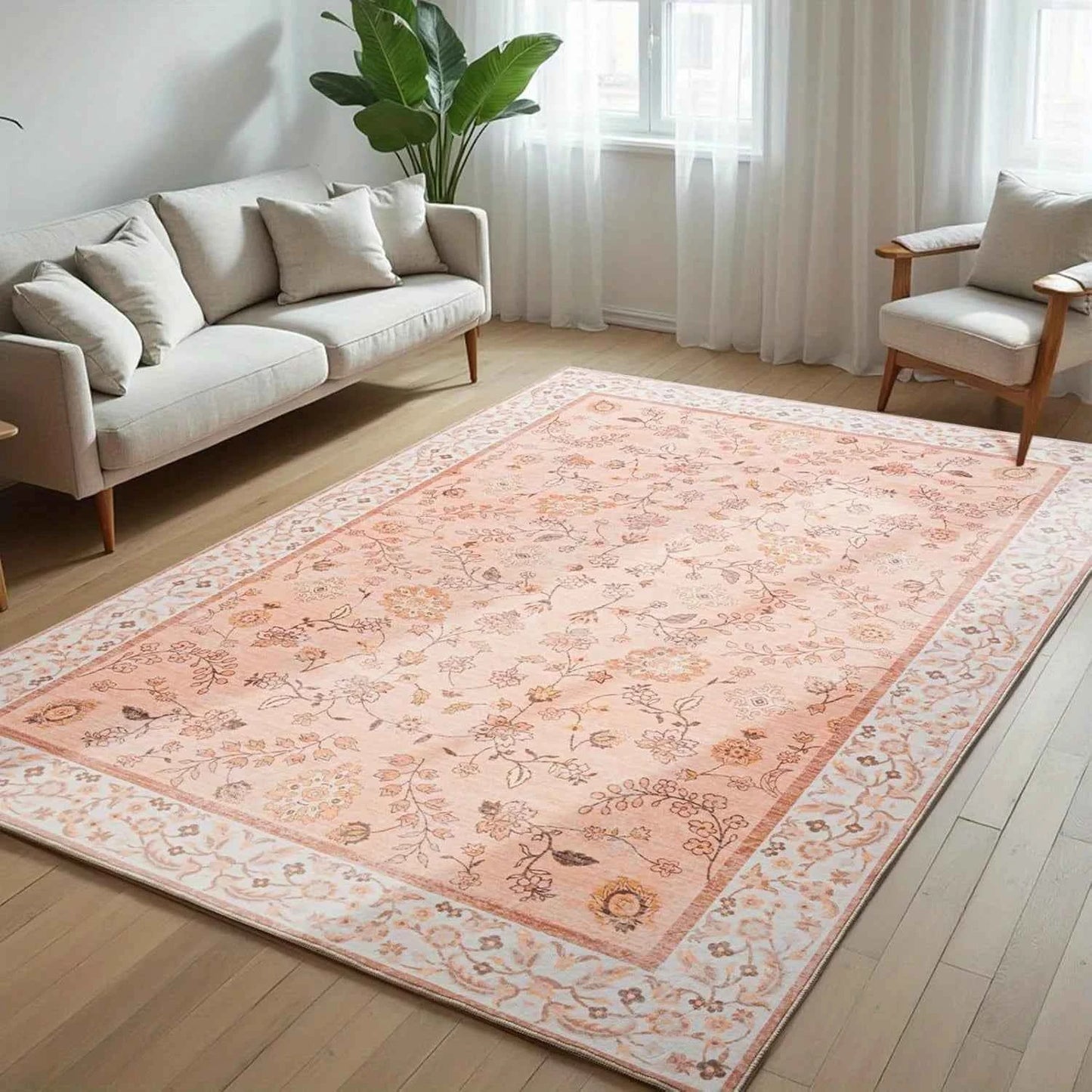 Living Room Carpet Non-slip Soft Machine Washable Floor Mat Bohemian Pink Floral Rug Bedroom Home Decoration Mats Washable Rugs