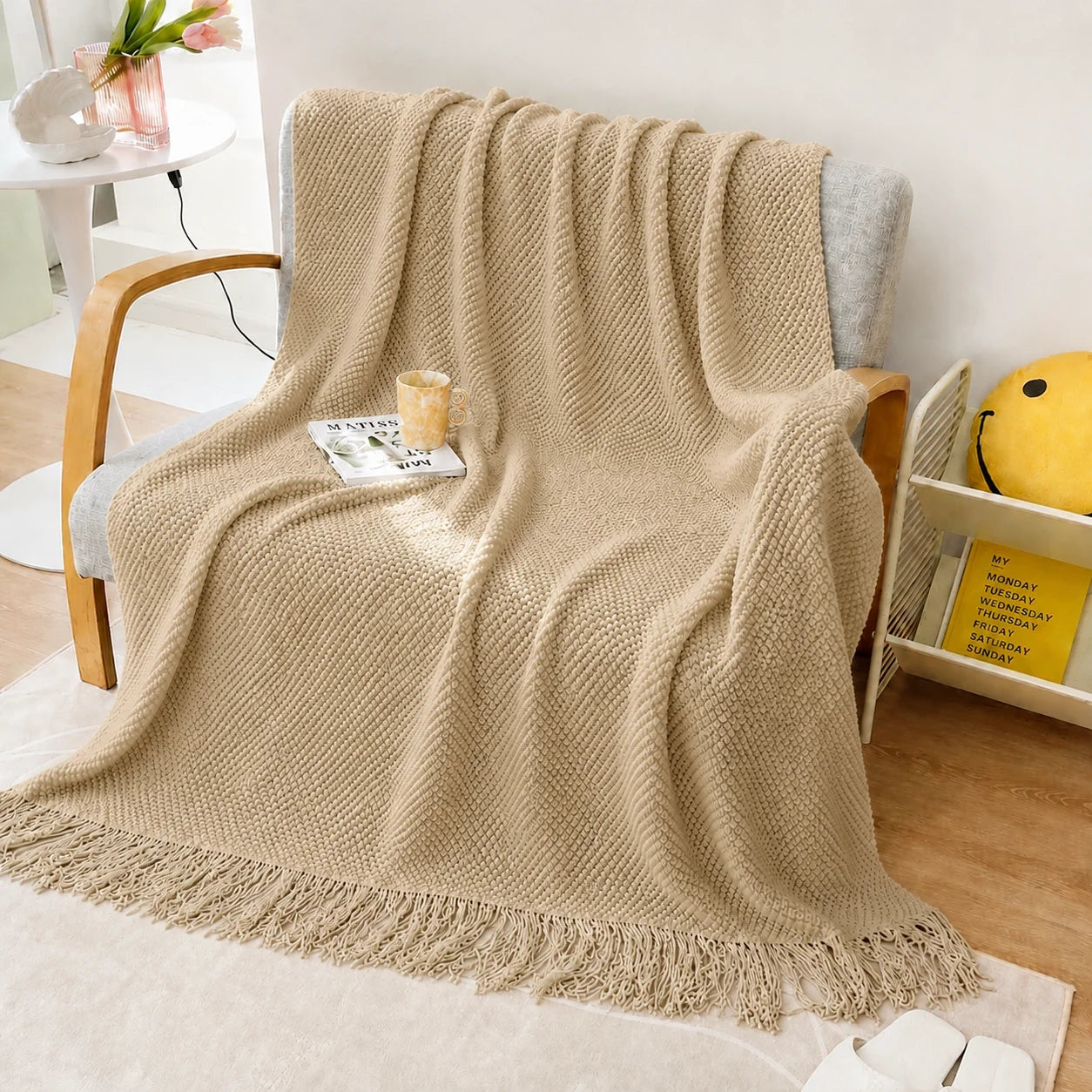 Sage Green Diamond Knit Throw Blanket with Tassels