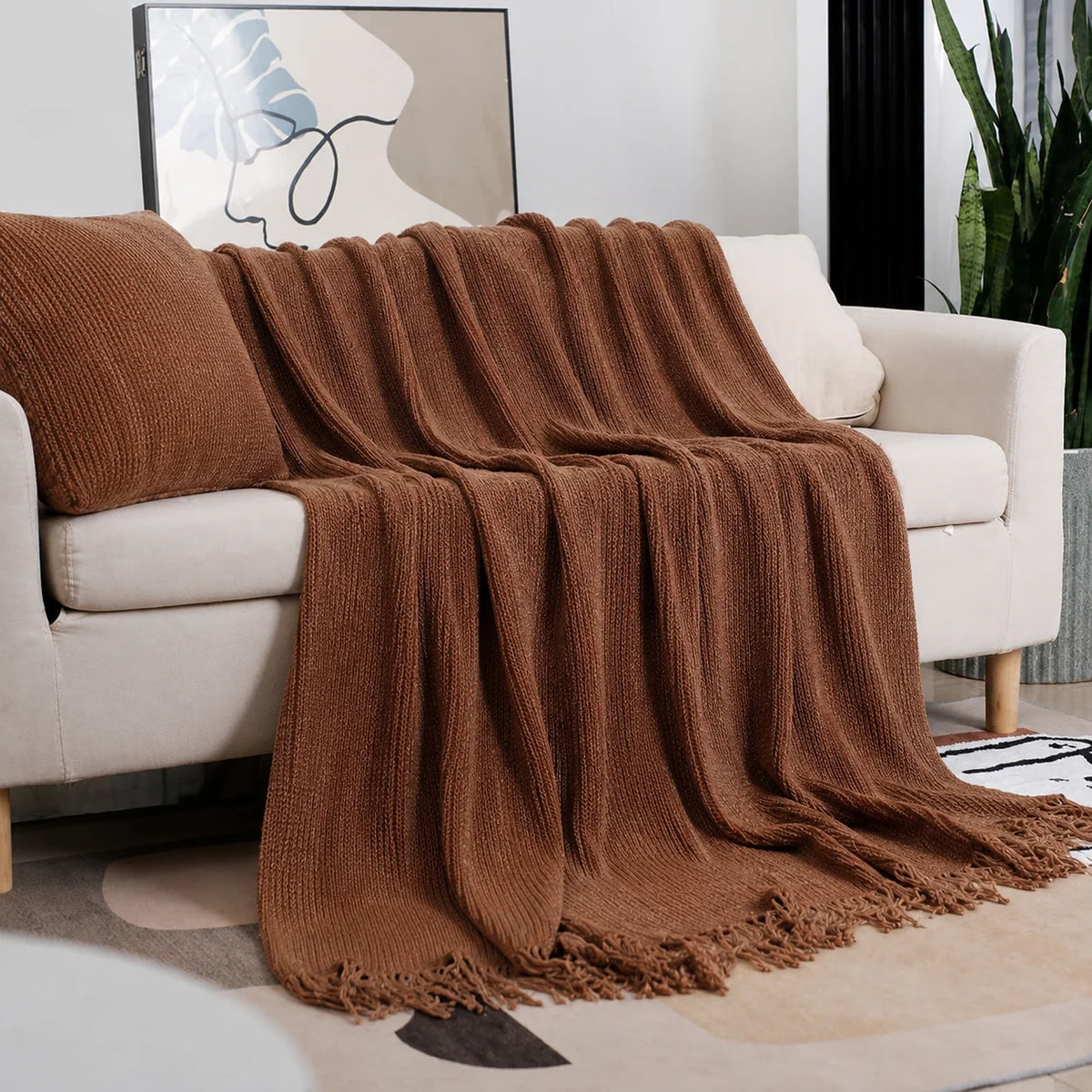 Beige Openwork Textured Knit Throw Blanket with Tassel Fringe, Soft Knitted Decorative Blanket, Lightweight Cozy Cover for Couch Sofa Bed, Boho Farmhouse Home Decor for Living Room Bedroom