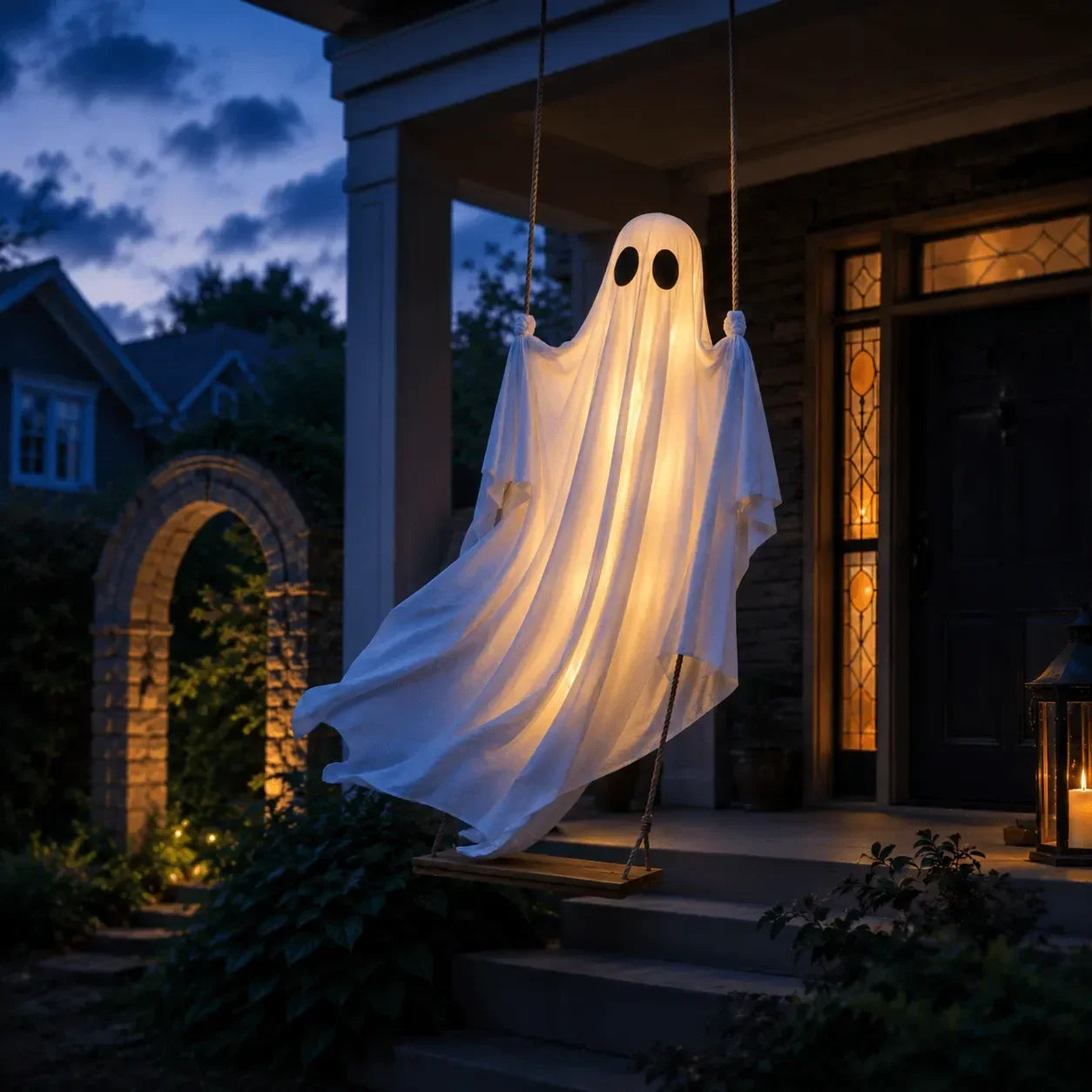 Large Hanging Swinging Ghost Halloween Decoration with LED String Lights Spooky Glowing Outdoor Decor for Front Porch Yard Party