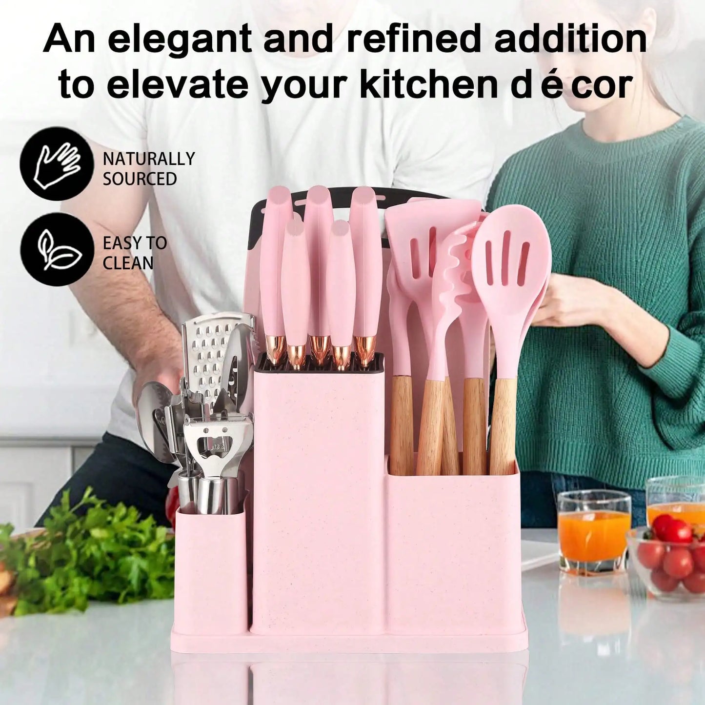 14-Piece Pink Silicone Kitchen Utensils Set with Wooden Handle, Cutting Board and Holder Rack