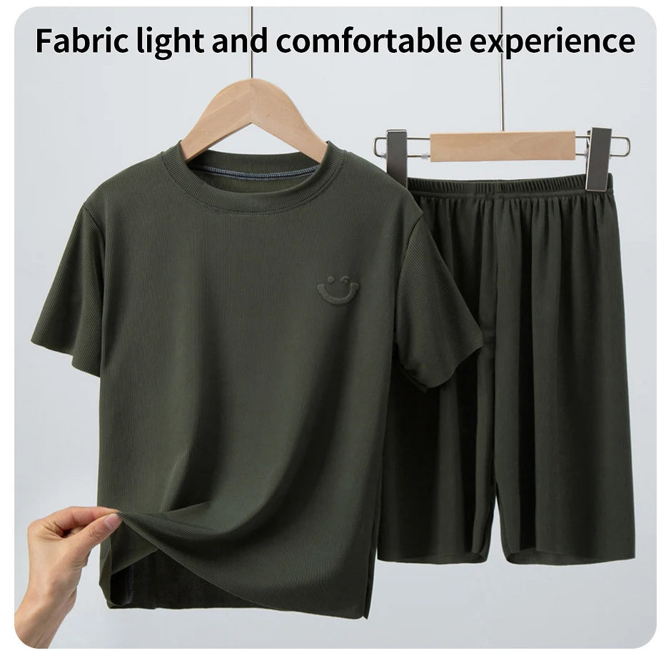Children's Ice Silk Pajamas, Summer Thin Short Sleeved Shorts, 2-Piece Set of Big Boys and Girls' Home Clothing Set