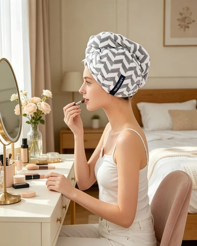 Striped Quick-Dry Towel Bag with Hair Cap — Bathroom Essential