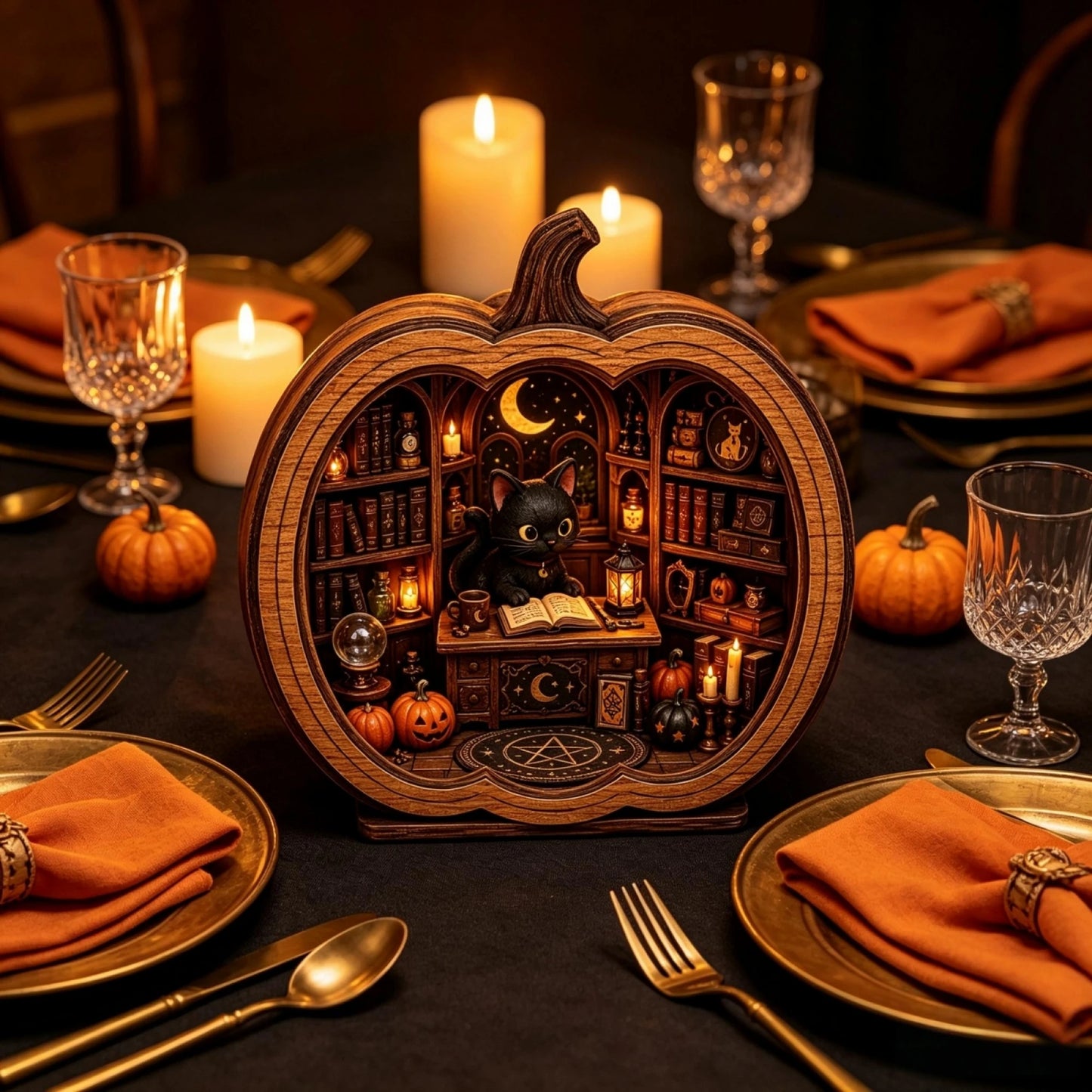 Black Cat Stand Cat Bookshop Pumpkin Figurine Black Pumpkin Scene Display Stand Halloween Pumpkin Figurine