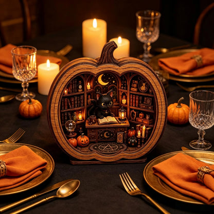 Black Cat Stand Cat Bookshop Pumpkin Figurine Black Pumpkin Scene Display Stand Halloween Pumpkin Figurine