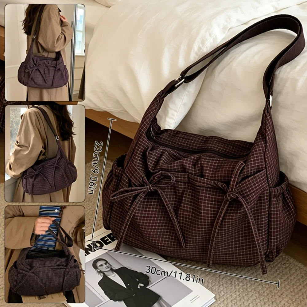 Vintage Plaid Shoulder Bag with Cute Bow Decor