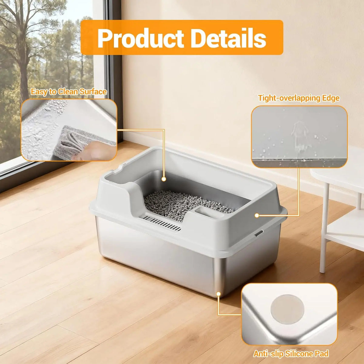 XL Stainless Steel Litter Box, High Wall Sides