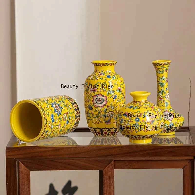 Jingdezhen enamel ceramic flower arrangement Chinese ethnic style living room flower arrangement decoration technology